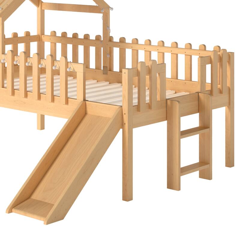 Twin Size House Loft Bed with Slide,Playhouse Bed with Star Moon-shaped Designs and Window, Chic Design with LED Lights