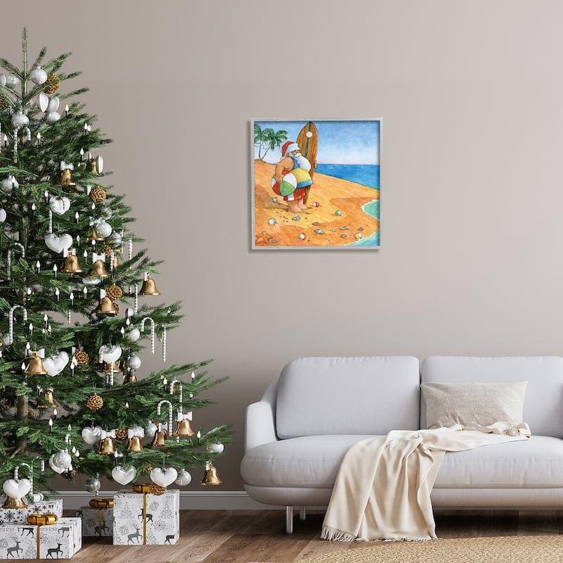 Stupell Santa Claus On Beach Surf Board Tropical Christmas Framed Wall Art - Blue