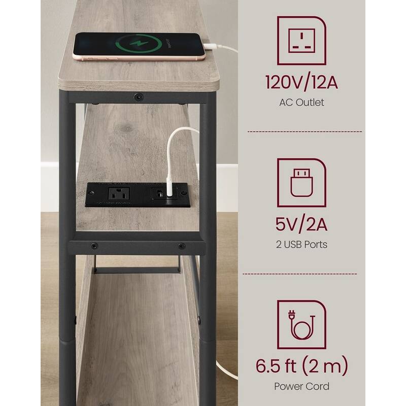 Space-Saving End Table with 3 Storage Shelves and Built-In Charging Station and Stable Steel Frame - 7.1"D x 17.7"W x 22.8"H