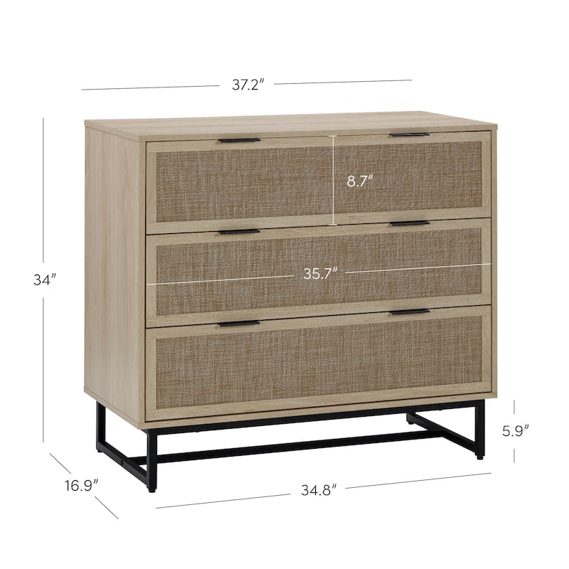 Kova 3-Drawer Rattan Dresser or Bohemian Living Room Storage Cabinet with Textilene Rattan Accent and Metal Legs