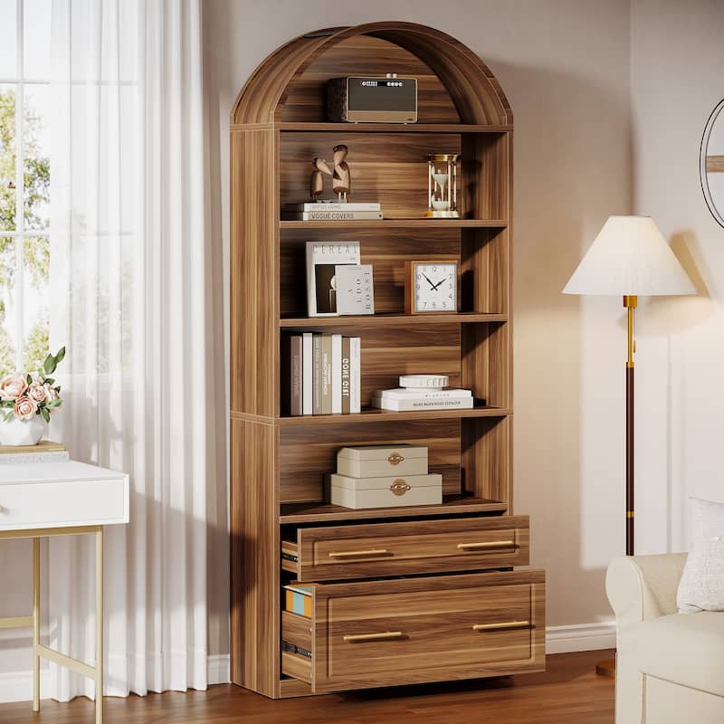 5-Tier White Arched Bookshelf with File Cabinet Drawer, 76.8" Tall Freestanding Wooden Bookcase - 1Pack-Brown