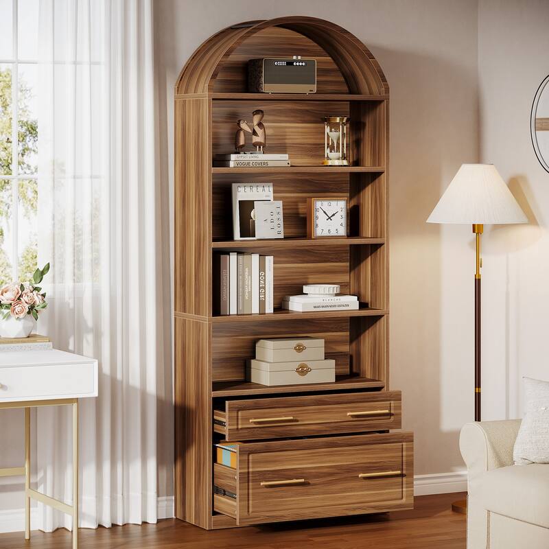 76.8" Tall Arched Bookcase, 5-Tier Modern Bookshelf with File Cabinet Drawer