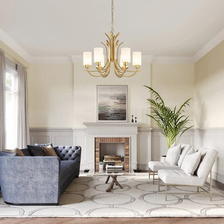 Mid-century Brass 6-Light Cylinder Milk Glass Chandelier