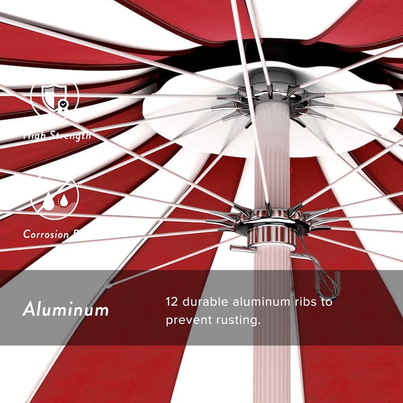 California Umbrella 8.5' Pagoda Series Patio Umbrella White Aluminum Steel Wire Ribs Push Lift Pacific Blue and Natural
