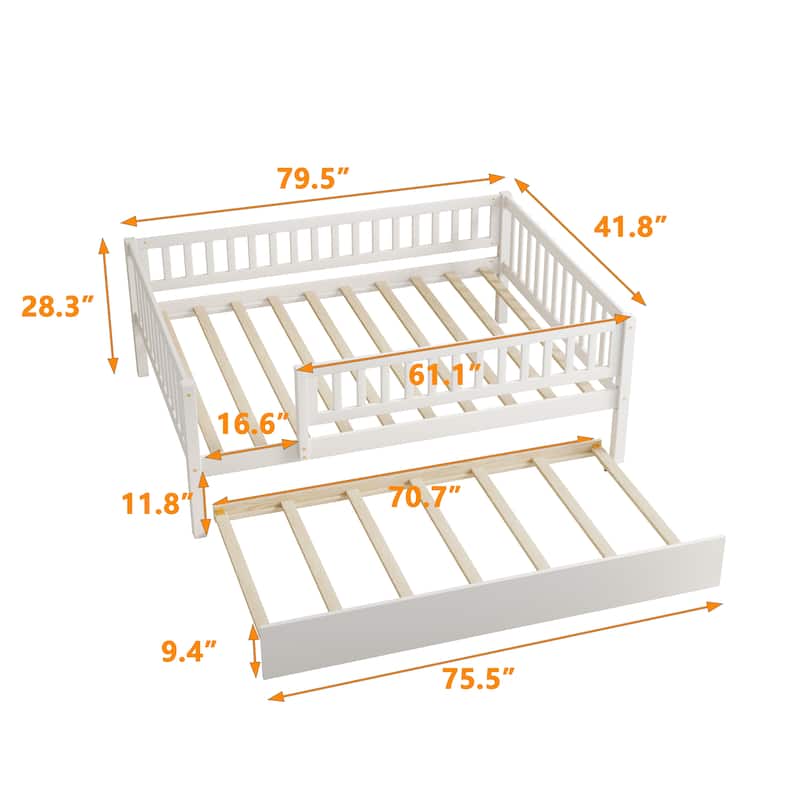 Wood Daybed with Trundle and Fence Guardrails
