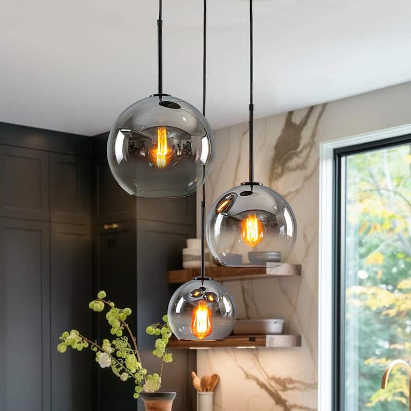 3-Light Round Polished Glass Globe Bubble Pendant Light - Chrome Glass