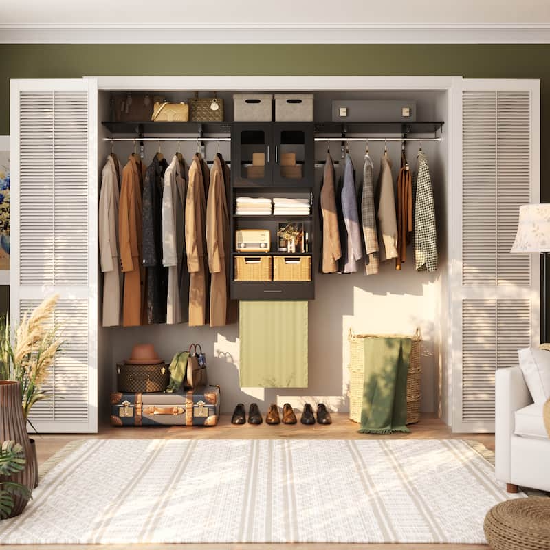 4FT - 8FT Closet Organizer with Hanging Rods, DIY Closet System with 2 Doors for Laundry Room