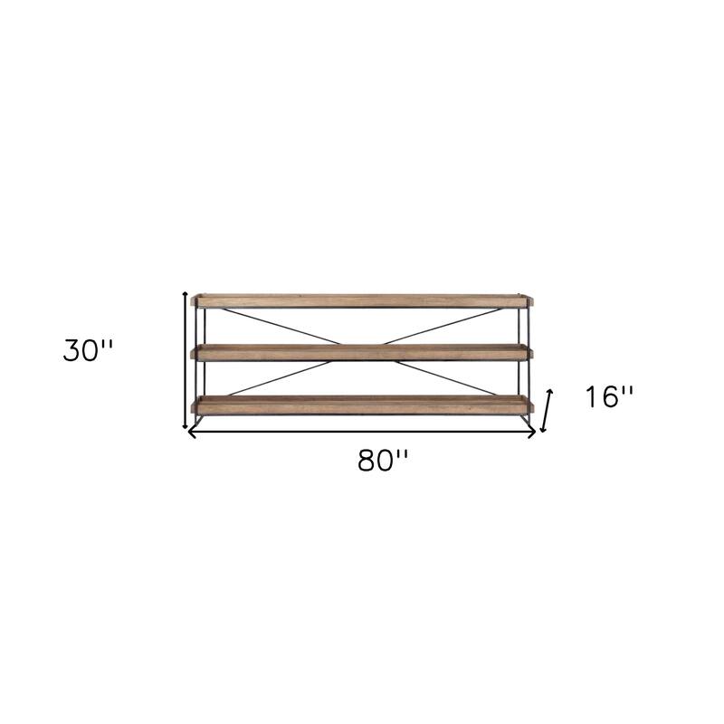 HomeRoots 80" Light Brown and Black Solid Wood and Iron Console Table With Two Shelves - 16