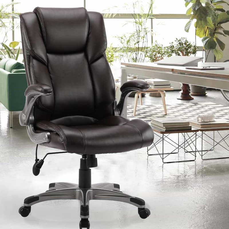High Back Executive Office Chair with Padded Flip-up Arms, Adjustable Tilt Lock, Swivel Rolling Chair for Adult Working Study - Brown
