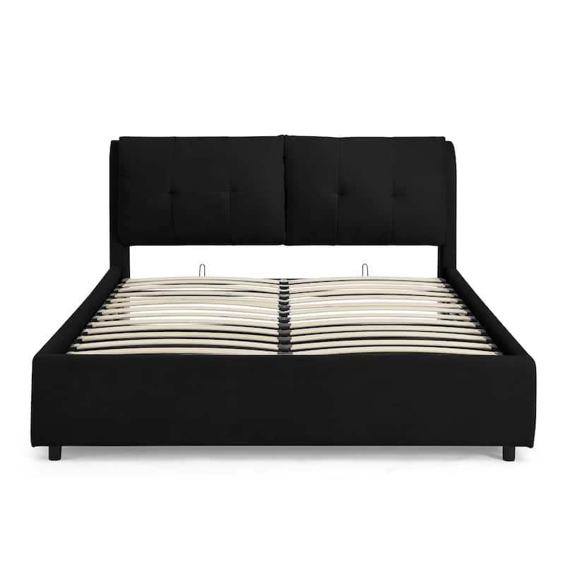 Chenille Storage Bed Frame, Hydraulic Lift Platform Bed with Under Bed Storage and Integrated Headboard, No Box Spring Needed