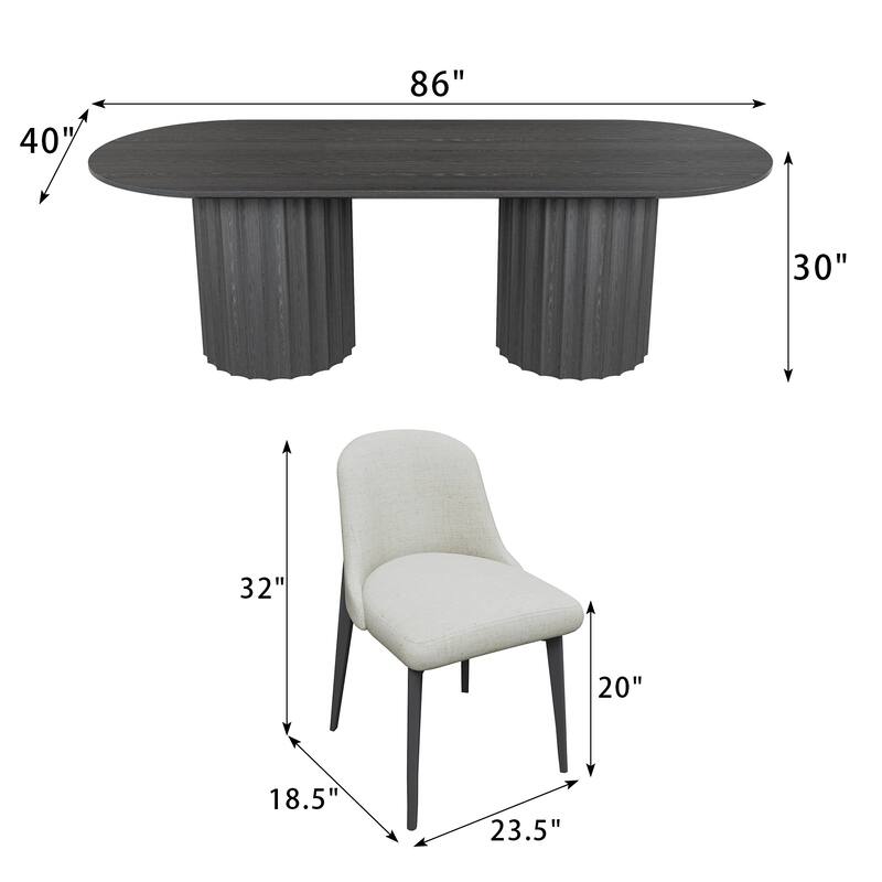 86" Modern Oval Dining Table Set with 8 Upholstered Chairs Black Textured Wood Top & Dual Cylindrical Pedestal Base