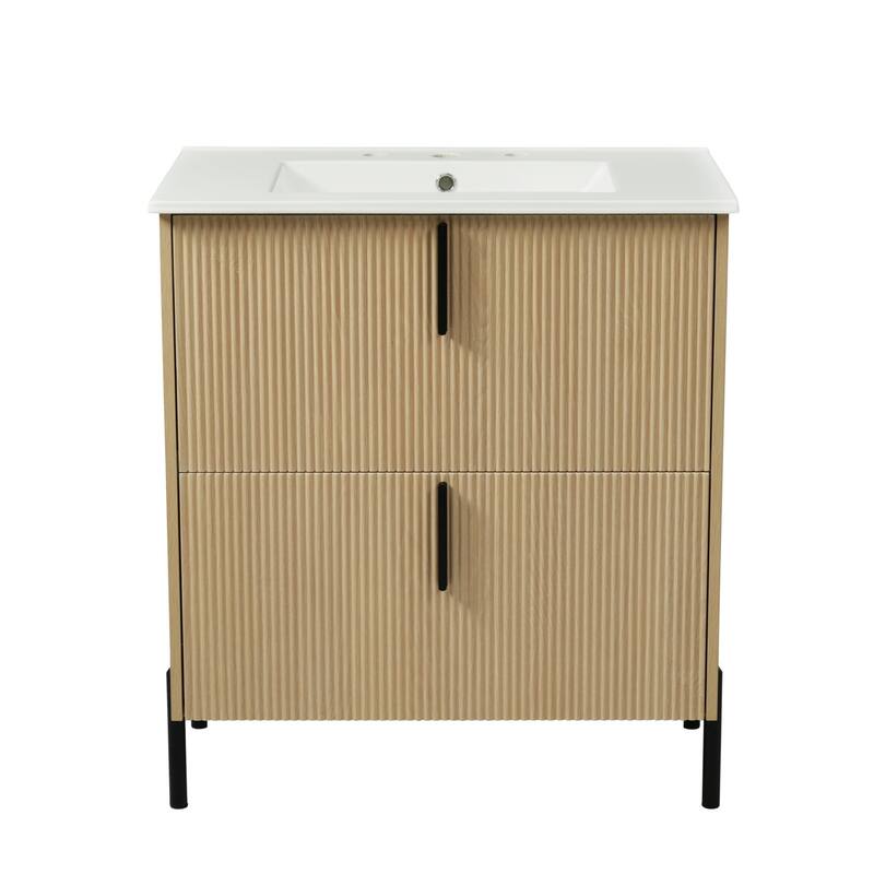 30-Inch Bathroom Vanity with a Ceramic Sink, Full-Extension Drawers, Soft-Close Undermount Slides, and a Fluted Design.