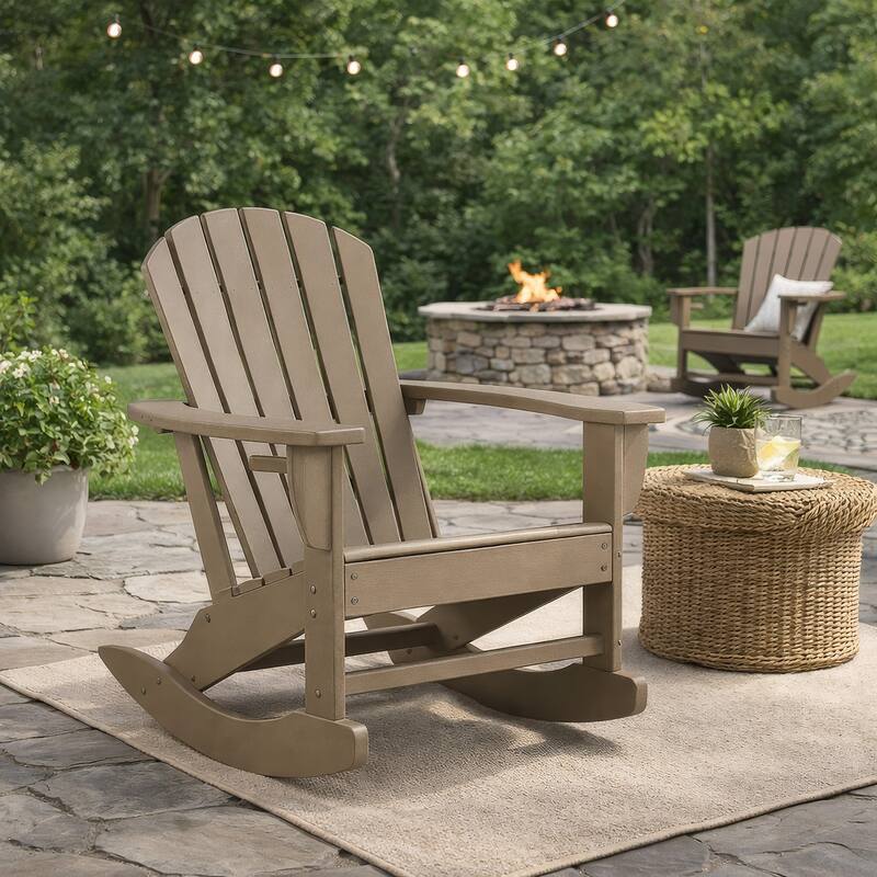Sami 35 Inch Outdoor Rocking Chair, Slatted Design, Modern Brown Finish