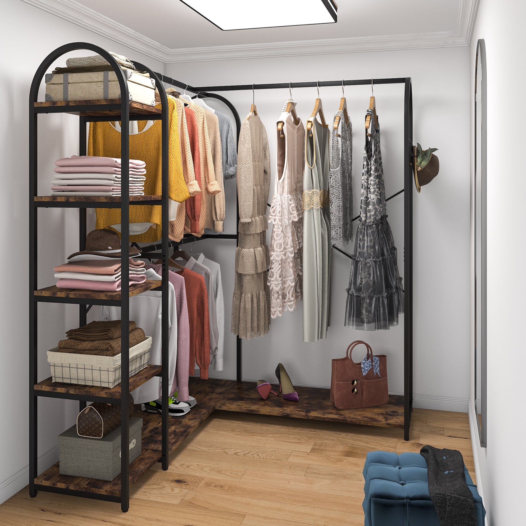 Industrial L Shaped Closet Organizer, Freestanding Corner Clothes Garment  Rack with Hanging Rods and Storage Shelves - Yahoo Shopping