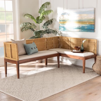 Tabanan Modern Bohemian Nautral Brown Rattan and Brown Acacia Wood 2-Piece Dining Nook Banquette Set