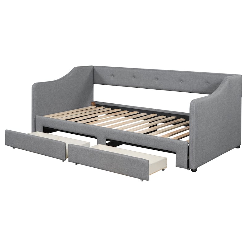 Roomfitters Twin XL to King Size Upholstered Daybed with Adjustable Frame and Storage Drawers