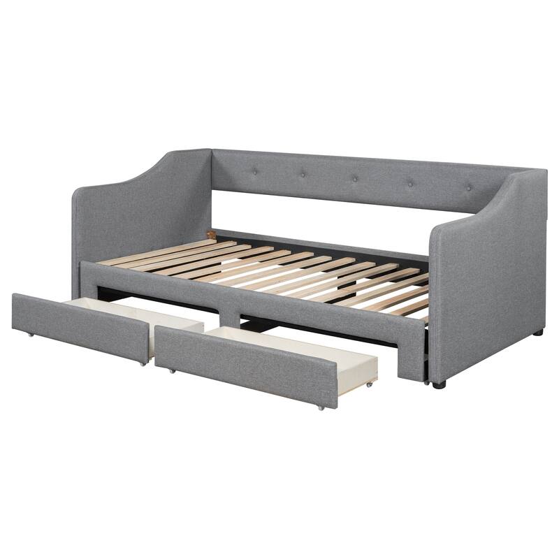 Twin XL to King Upholstered Daybed with Two Storage Drawers, Expandable Design, No Box Spring Required