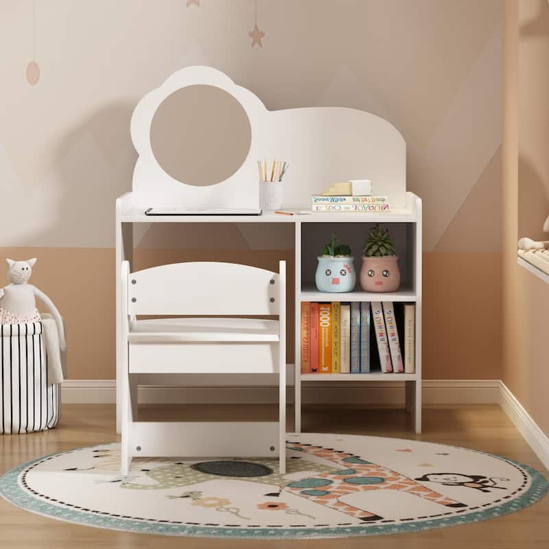 Kids Vanity Table with Mirror and Chair, Wooden Children's Dressing Makeup Desk with Storage Shelves, Study and Activity
