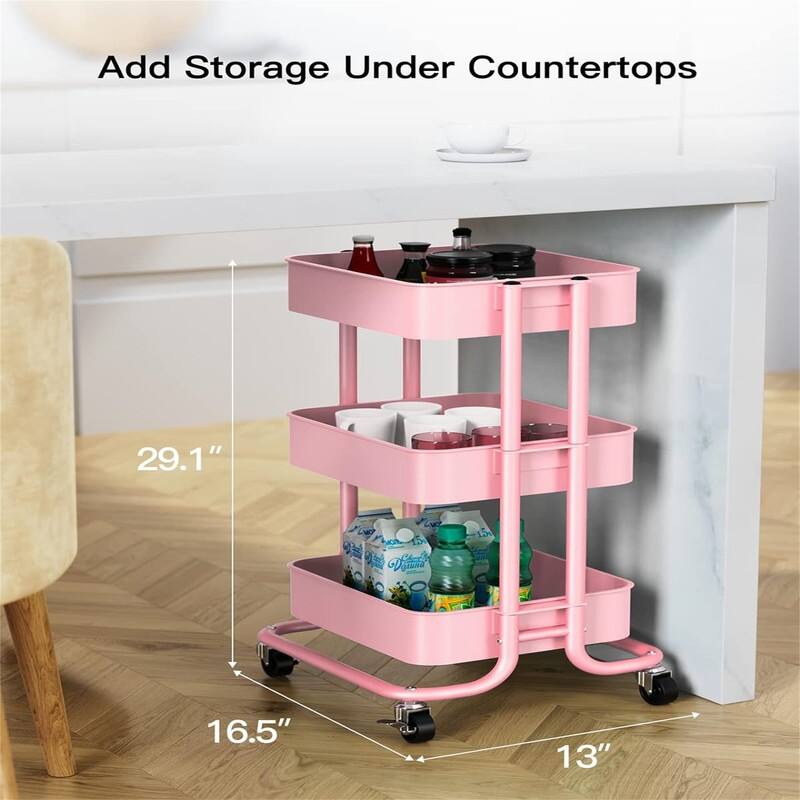 3 Tier Metal Rolling Utility Cart - 13.58"D x 16.77"W x 29.33"H