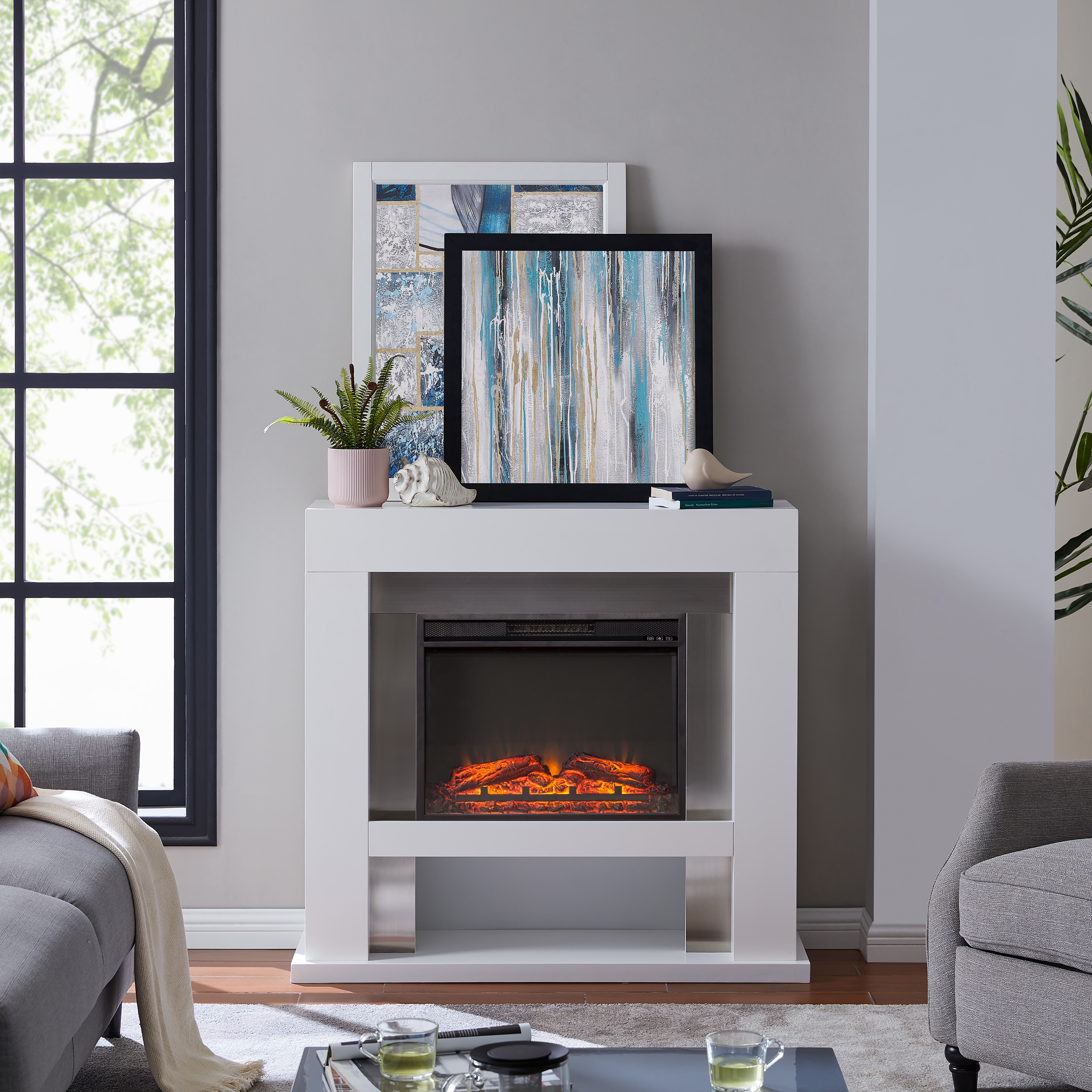 SEI Furniture Larry Stainless Steel Electric Fireplace