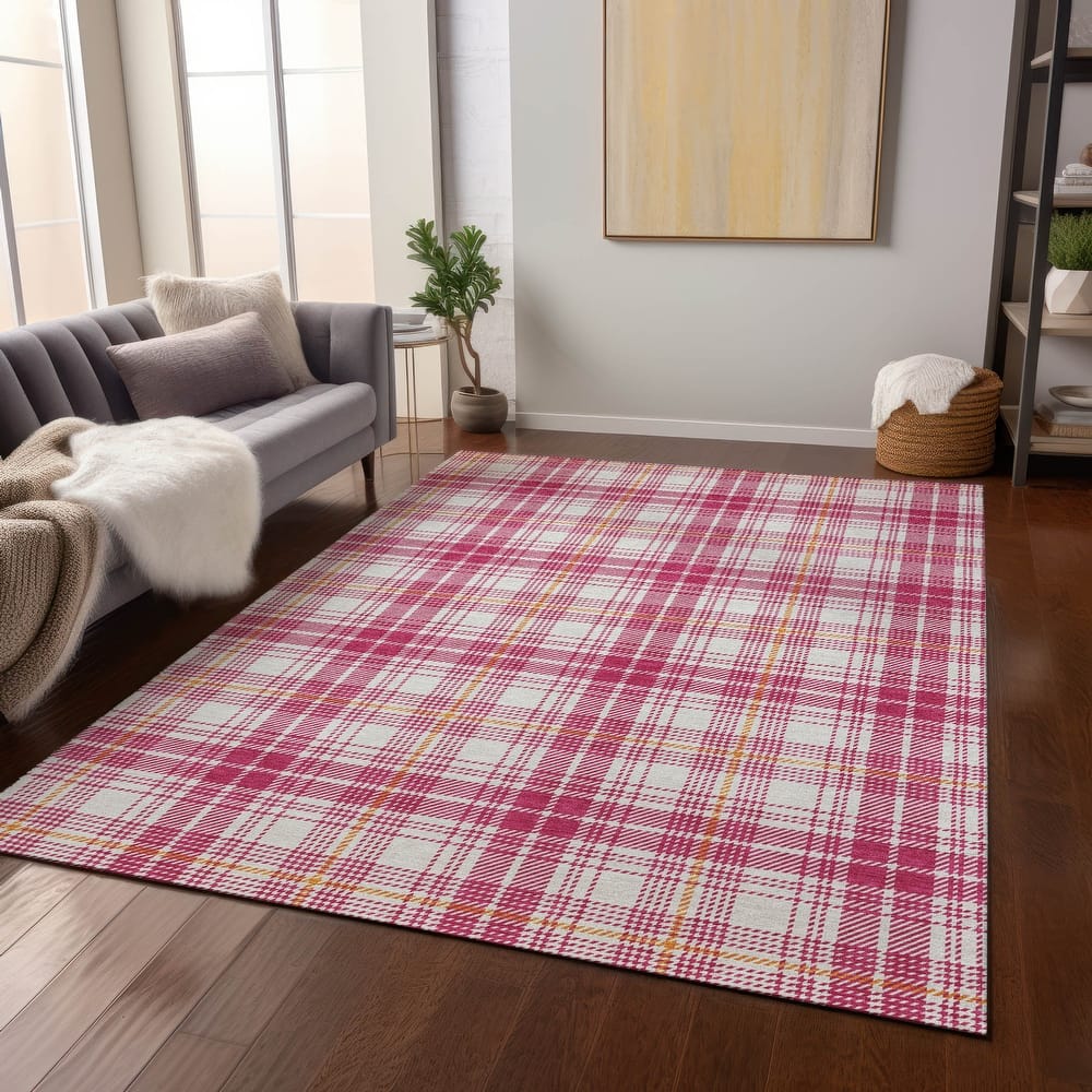 Machine Washable Indoor/ Outdoor Plaid Chantille Rug
