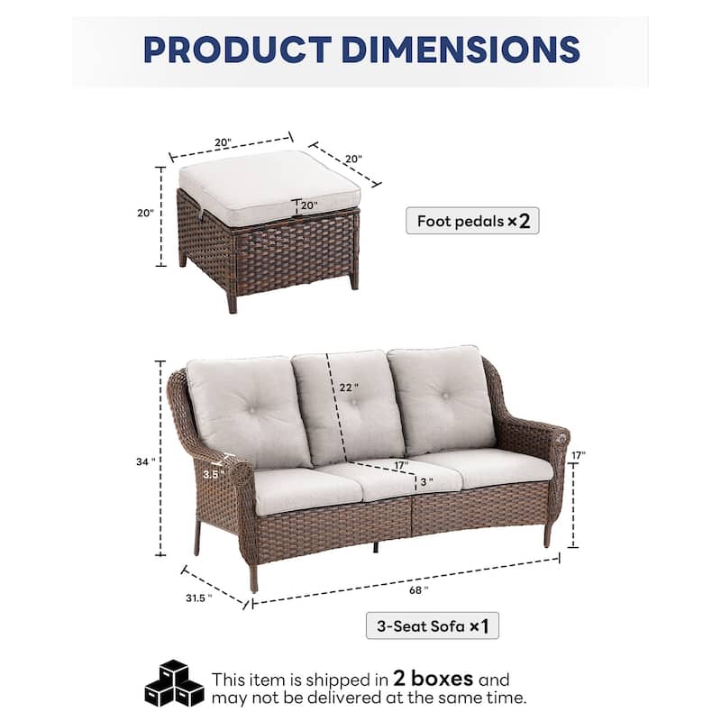 Outdoor Patio 3-Seat Sofa with 2 Ottomans Brown - Beige