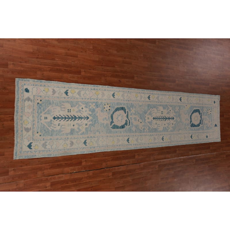 Hand Knotted Oriental 100% Wool Carpet Transitional Geometric Navy Blue & Blues Oushak Runner Rug - 14' 0'' X 3' 4''