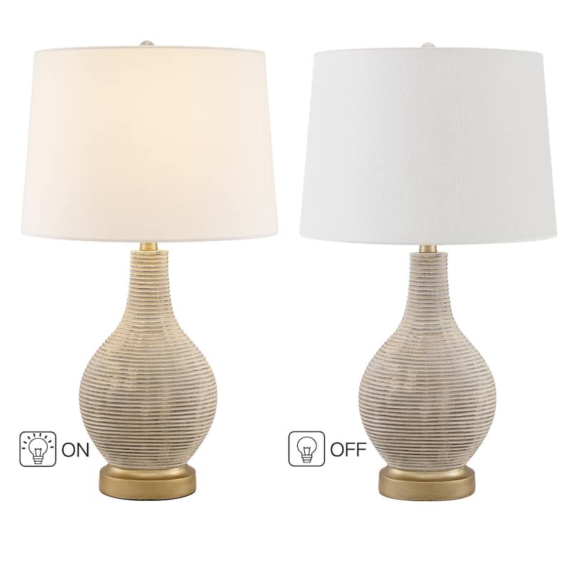 24.5-inch Washed Beige/Gold Farmhouse Table Lamp with White Linen Shade (Set of 2) - 24.5" H
