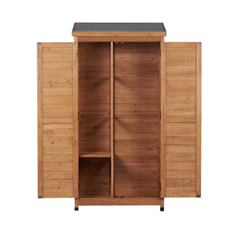 Outdoor Wooden Storage Shed with Metal Top Tall Vertical Tool Cabinet for Backyard Garden Patio Lawn