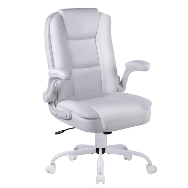slide 2 of 7, BOSSIN Big and Tall Office Chair Ergonomic High Back Computer Adjustable Height Leather Executive Chair with Padded Flip-up Arms White