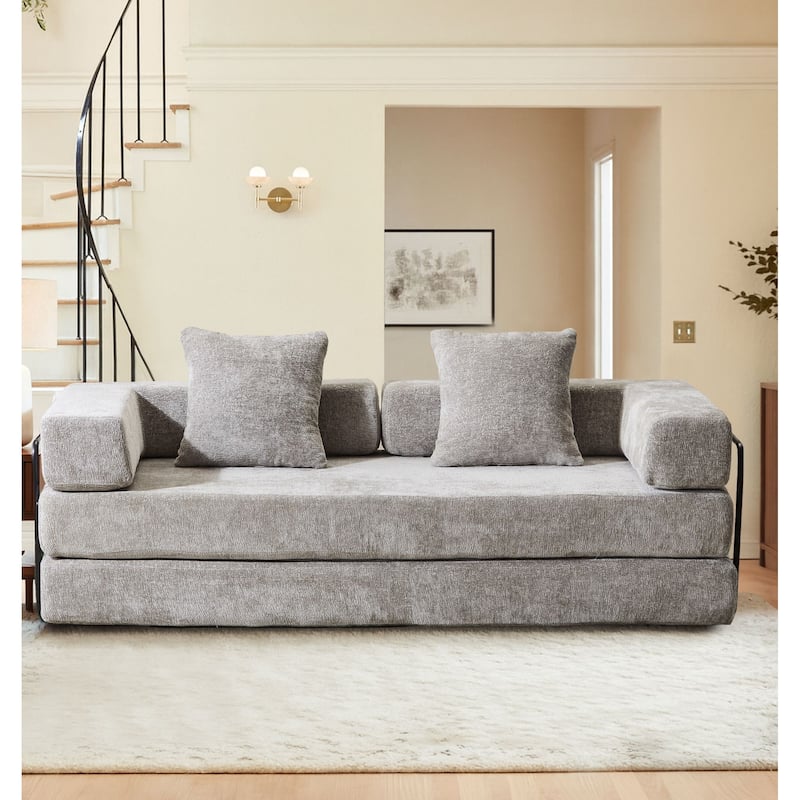 Modern Minimalist Compressed Upholstered Convertible Two-Seater Sofa Bed with External Metal Frame - Light Grey Chenille