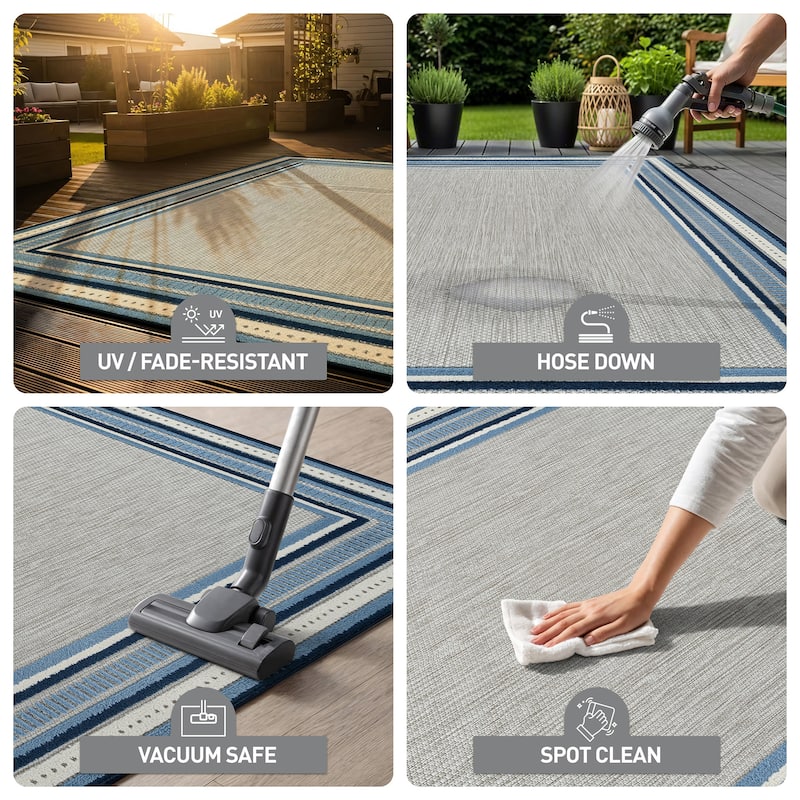 World Rug Gallery Indoor/Outdoor High-Low Textured Area Rug, Coastal Border Easy-Clean Patio Rug