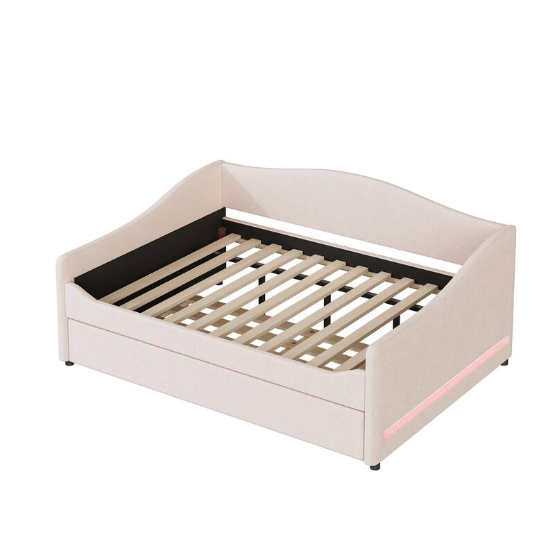 Modern Twin/Full Upholstered Daybed with Light Stripes and Pull-Out Trundle