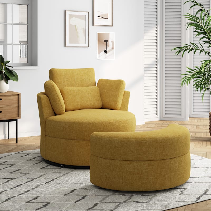 Upholstered Swivel Accent Chair with Wooden Tray Storage Ottoman - Chair & Ottoman Sets - MUSTARD/Chenille