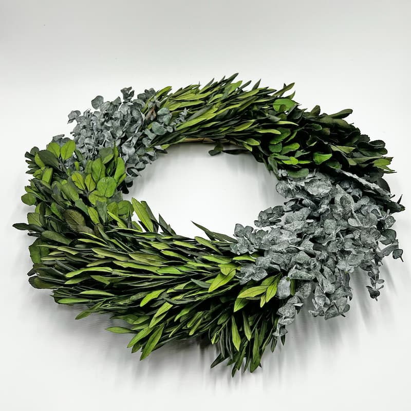 Preserved Decorative Dried Real Eucalyptus and Boxwood Wreath 21 Inch - Green