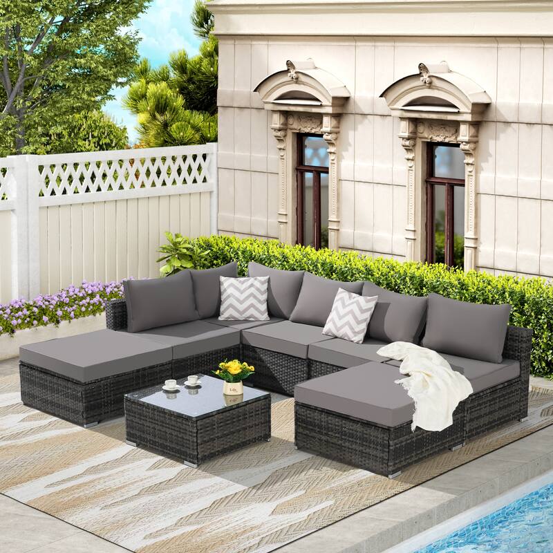 8-Piece Sectional Sofa Set with Washable Cushions & Glass Table