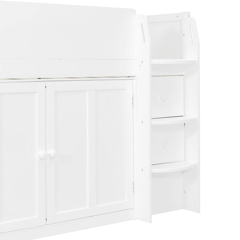 Twin Wood Loft Bed with Desk, Drawers & Cabinets, Space-Saving Design