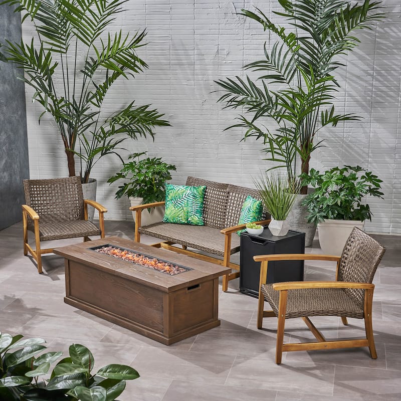 Breakwater Outdoor 5 Piece Wood and Wicker Chat Set with Fire Pit by Christopher Knight Home - Brown