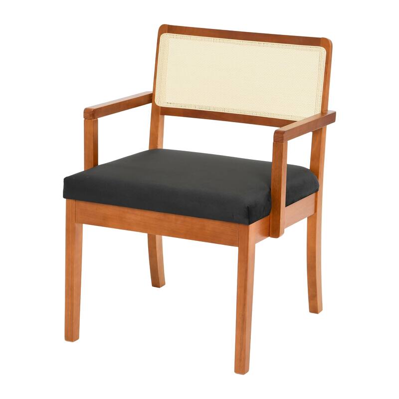 Solid Wood Arm Chair with Woven Cane Back and Velvet Upholstered Seat