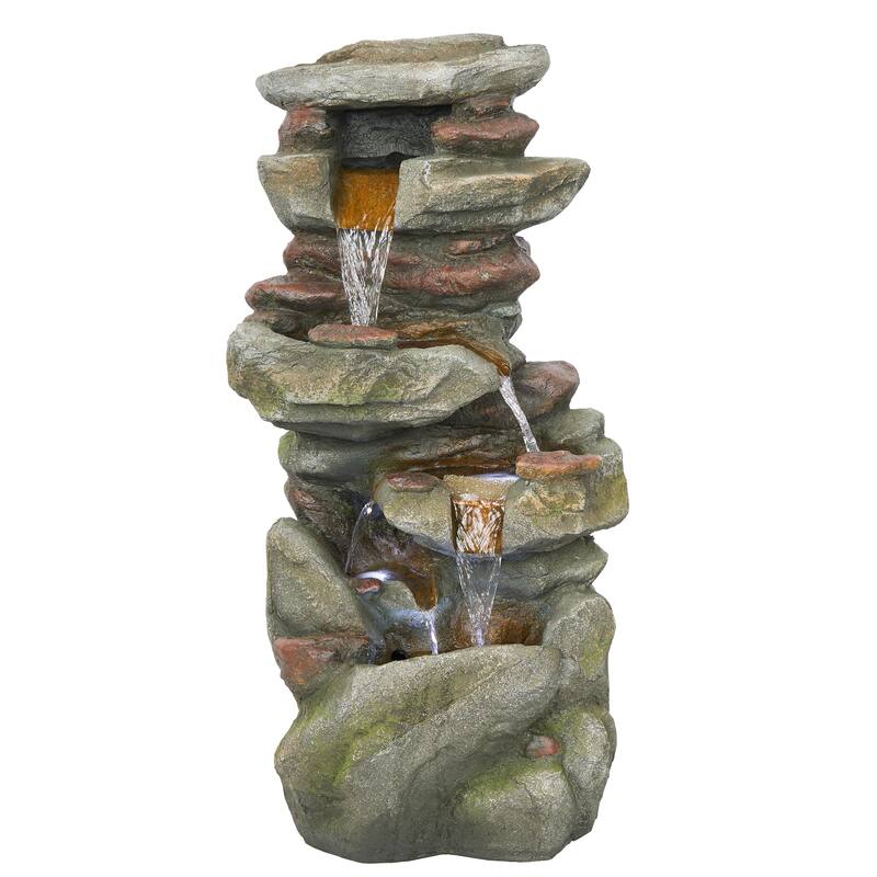 31" Rock Fountain w/ LED, Outdoor Cascading Feature, Gray