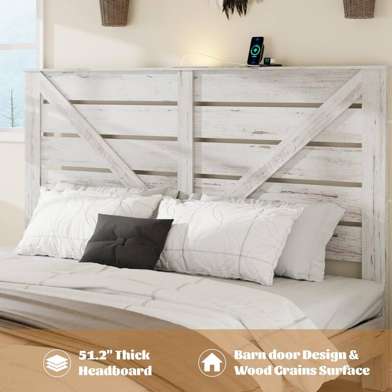 Wood Platform Bed with Rustic Headboard Black Metal Frame Support, Solid Wood Slats No Box Spring Needed Large Under-Bed Storage
