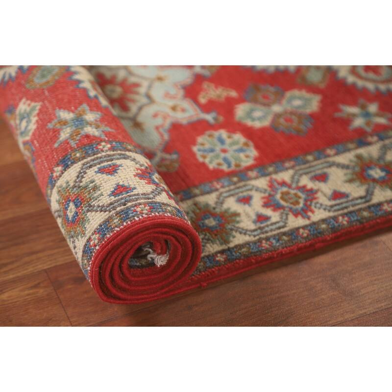 Geometric Kazak Runner Rug Hand-Knotted Traditional Red Wool Carpet - 2'1" x 5'10"