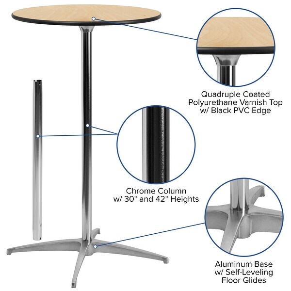 24'' Round Wood Cocktail Table with Standard and Bar Height Table Columns 