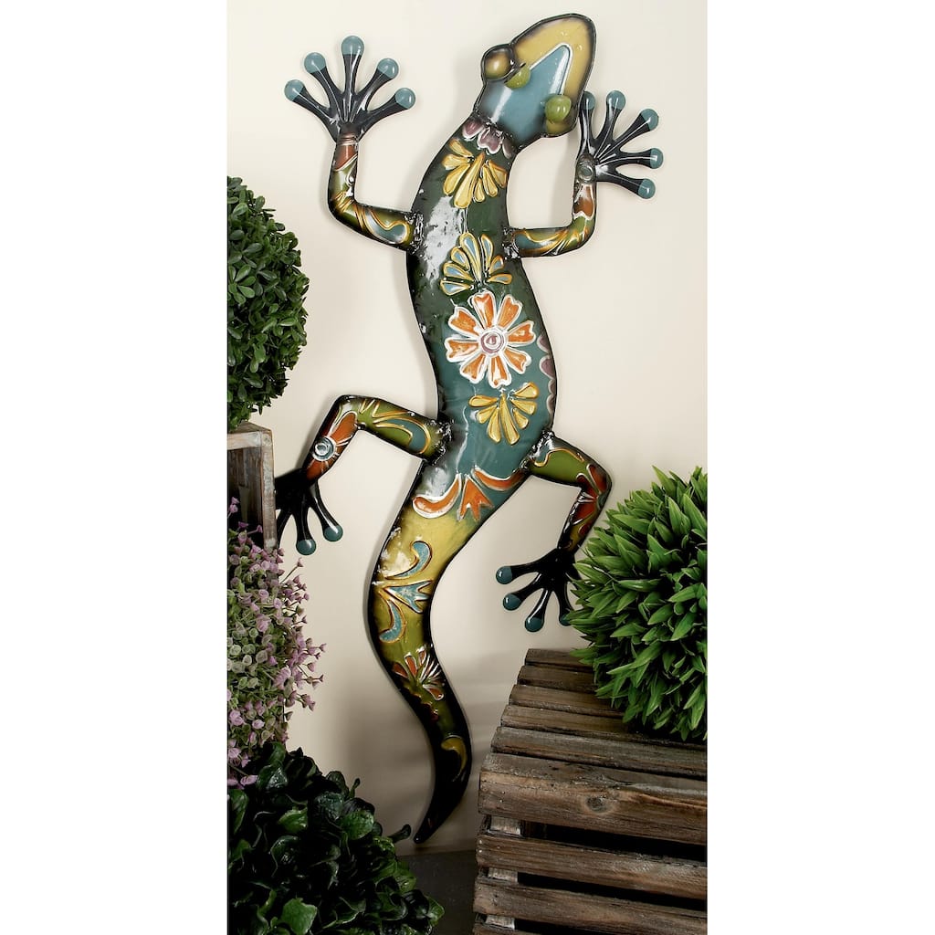 Multi Colored Metal Indoor Outdoor Artificial Lizard Home Wall Decor with Teal and Yellow Accents