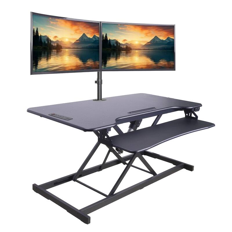 Rocelco 46 in. W White Electric Standing Desk Converter with AC Outlet, USB Charger and Dual Monitor Arm Mount System
