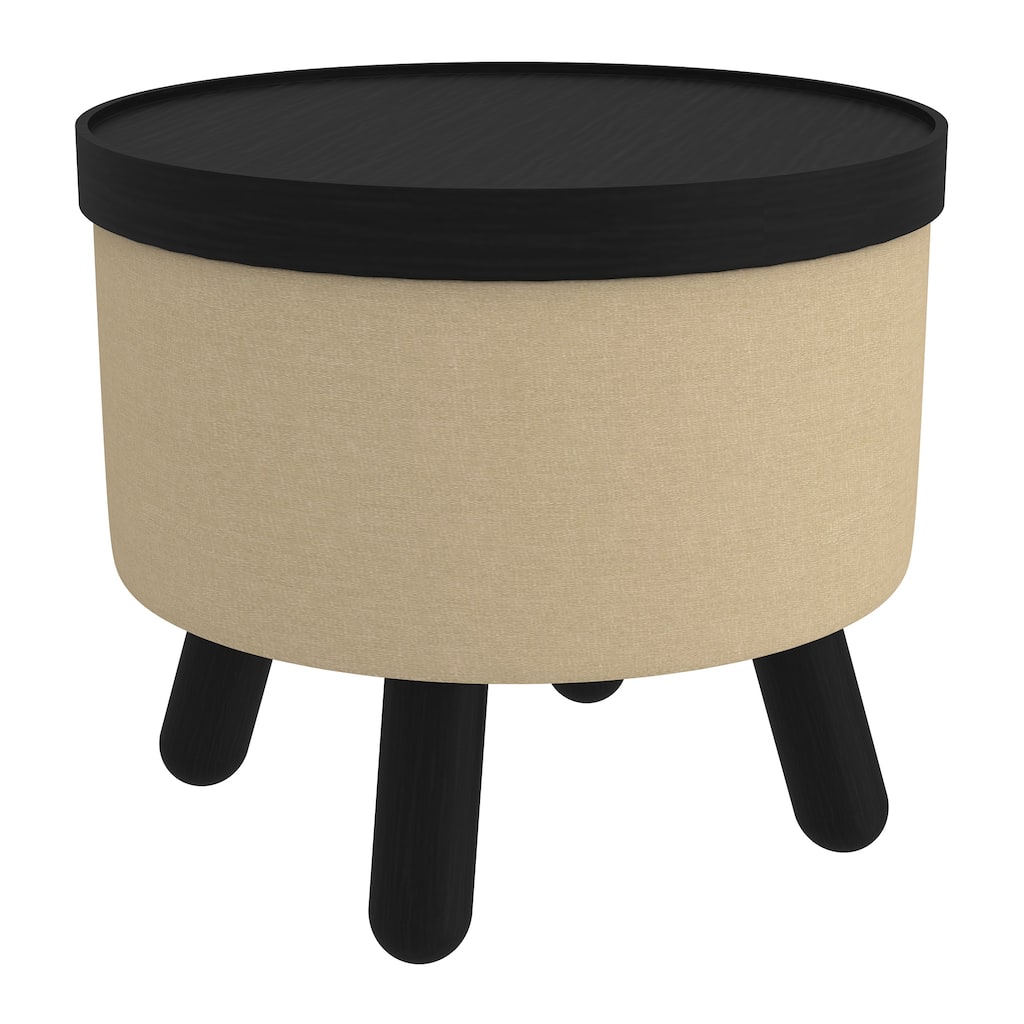Mid-Century Modern Fabric and Wood Round Storage Ottoman with Tray