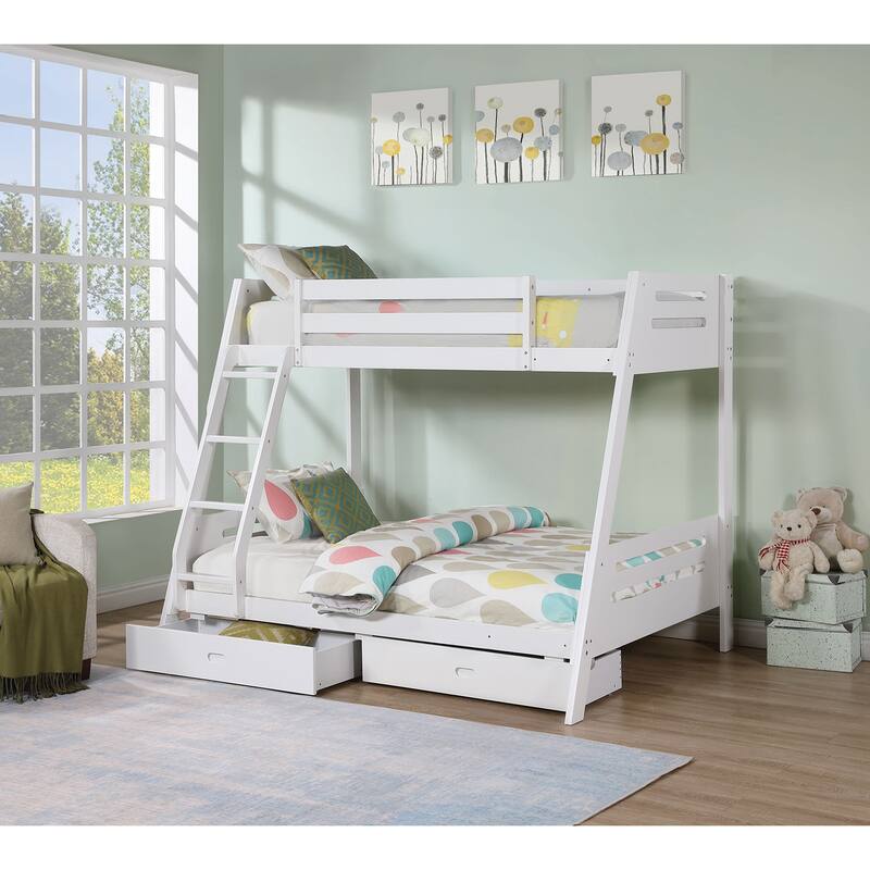 White Twin Over Full Bunk Bed with Reversible Ladder and Underbed Drawers