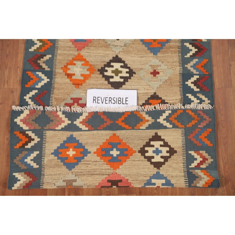 Geometric Kilim Shiraz Persian Accent Rug Hand-Woven Wool Carpet - 3'3" x 4'11"