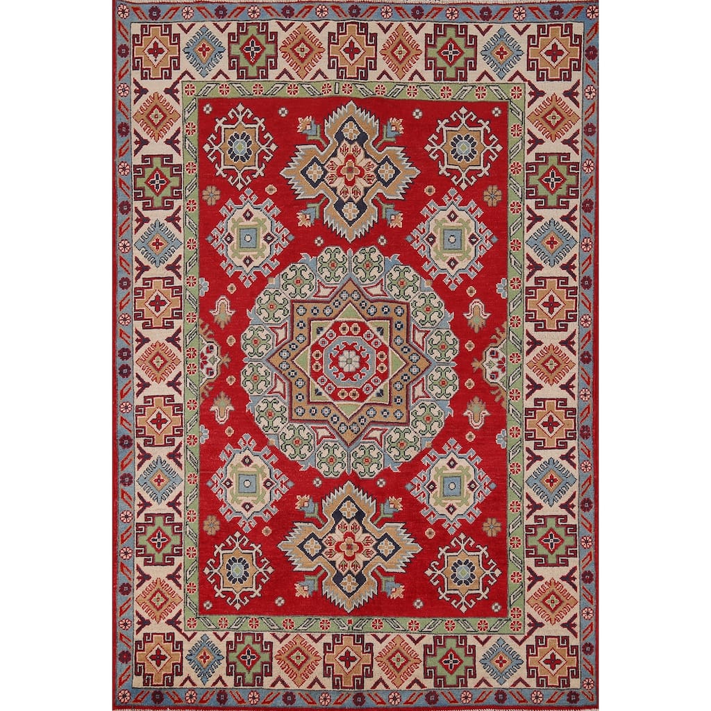 Traditional Red Kazak Area Rug Hand-Knotted Wool Carpet - 5'0" x 6'9"