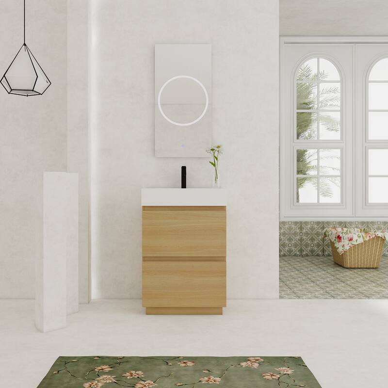 GDFStudio - Lecce Modern Freestanding Bathroom Vanity Set with Resin Sink, 2 Soft Close Drawers & Antirust Hardware - 24" - Oak